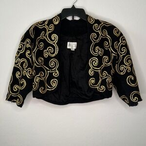 Vakko Bolero Jacket Womens Black Gold Suede Embroidered Metallic Cropped Vintage